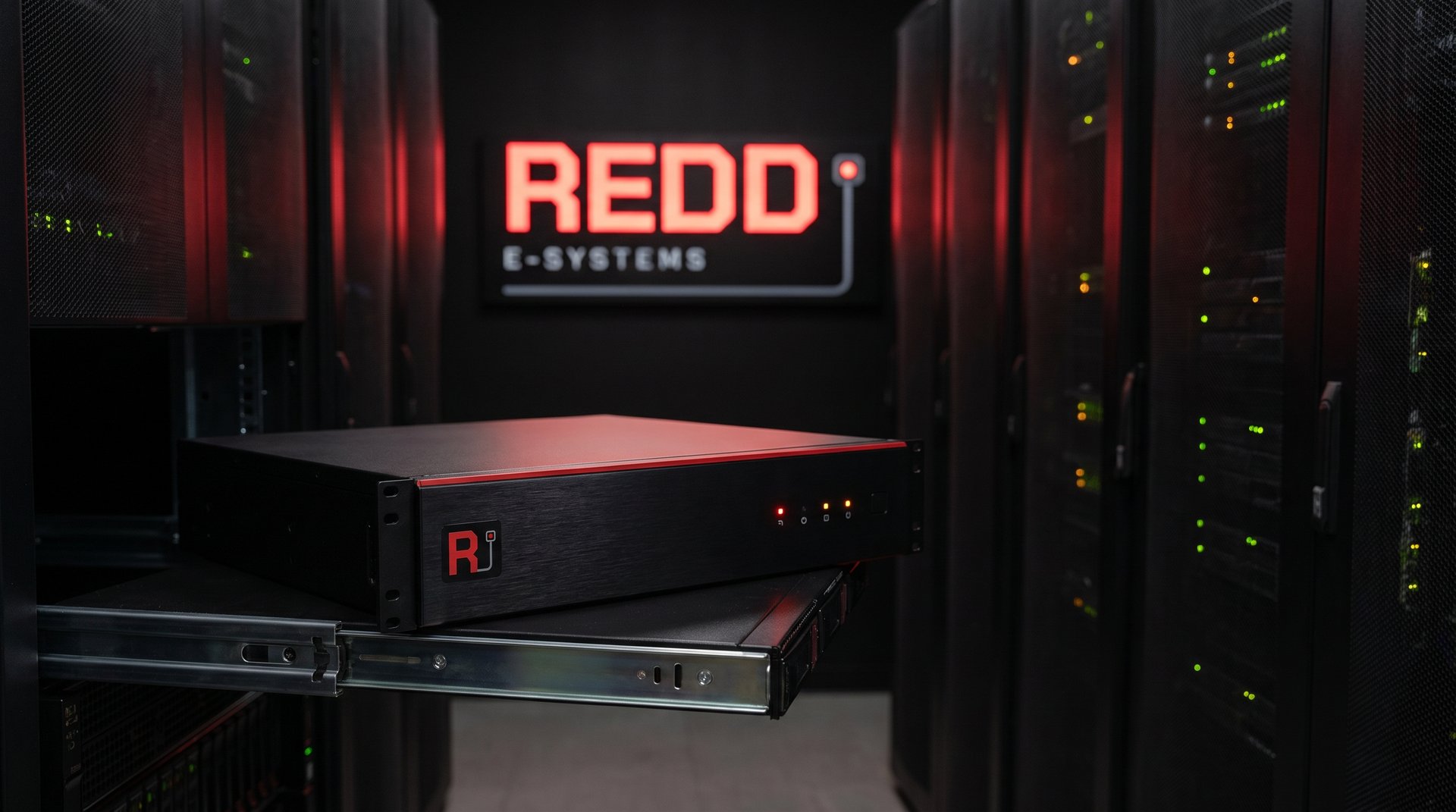 Redd E-Systems branded AI compute appliance on a rack shelf in the company data center