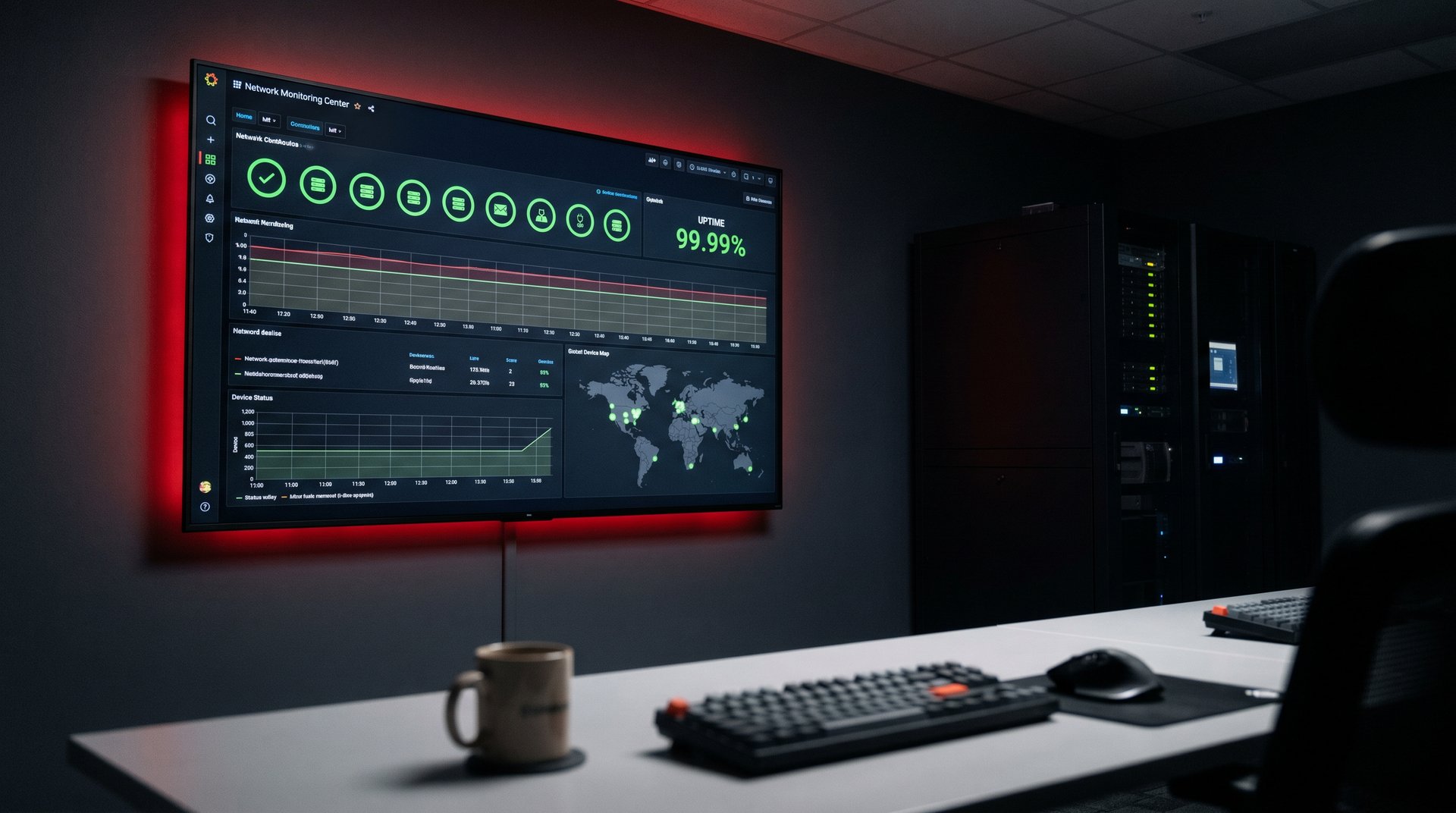 Network monitoring dashboard showing green status and uptime in a dark operations room