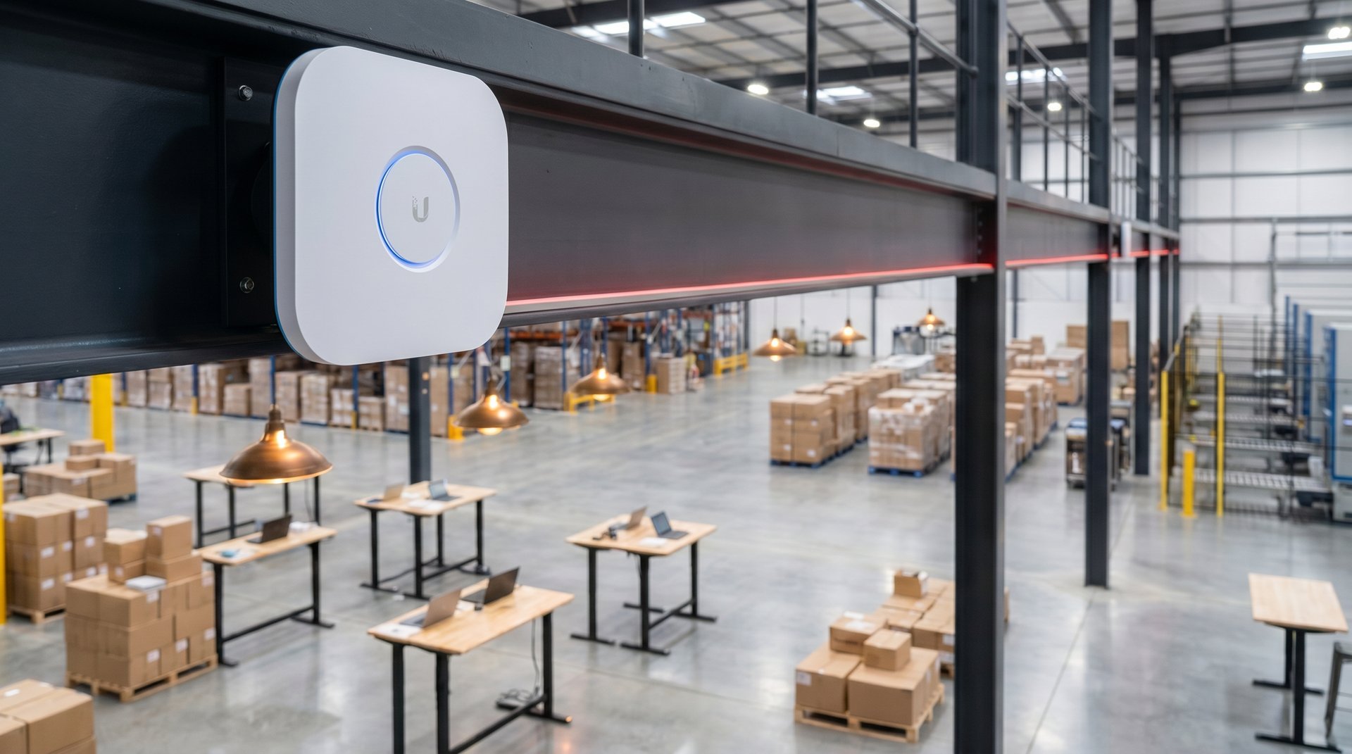 Ubiquiti UniFi E7 access point ceiling-mounted in a clean warehouse facility
