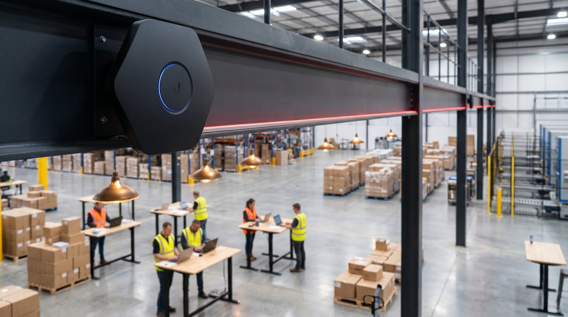 Enterprise wireless access point covering a modern warehouse floor