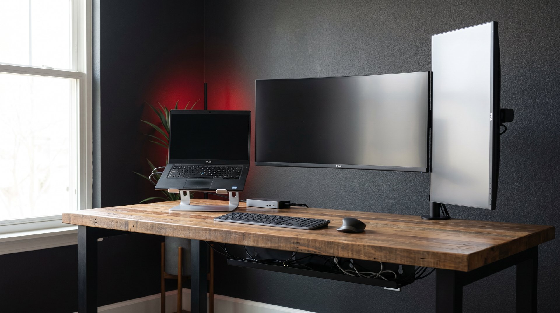Minimalist office workspace: a curved ultrawide monitor, a vertical second monitor, and a docked laptop with clean cable management